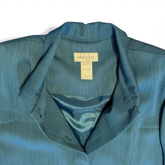Vintage 80s Henry Lee Button Front Shirtdress Size 14 Teal Career Lined Midi USA - Picture 3 of 8